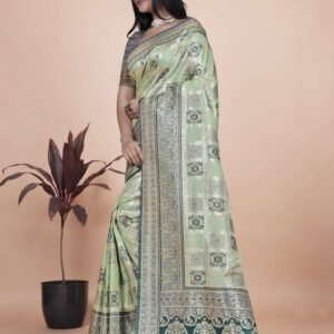 Pastel Green & Dark Green Banarasi Silk Saree with Silver Zari | Wedding & Festive Wear | Elegant Designer Banarasi Saree