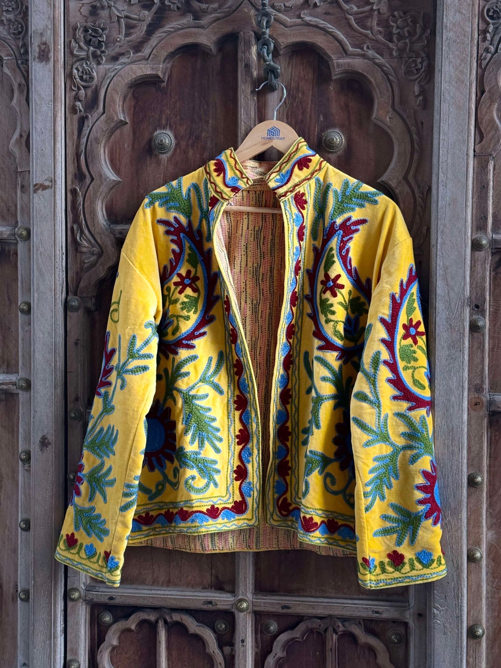 Womens Yellow Velvet Embroidered Jacket with Floral Design - Image 8