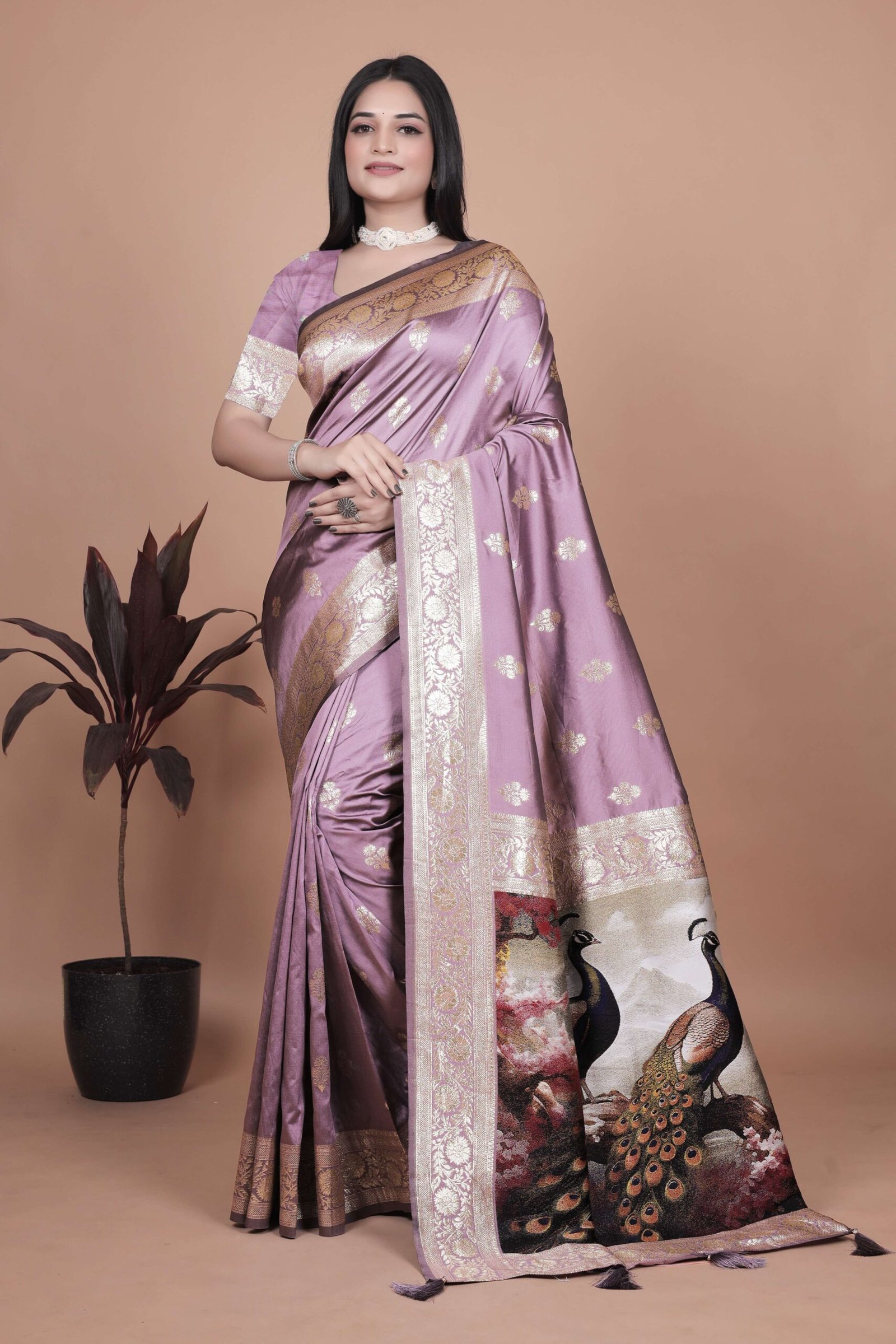 Lavender Banarasi Silk Saree with Golden Zari & Peacock Motif Pallu | Wedding, Festive & Traditional Wear