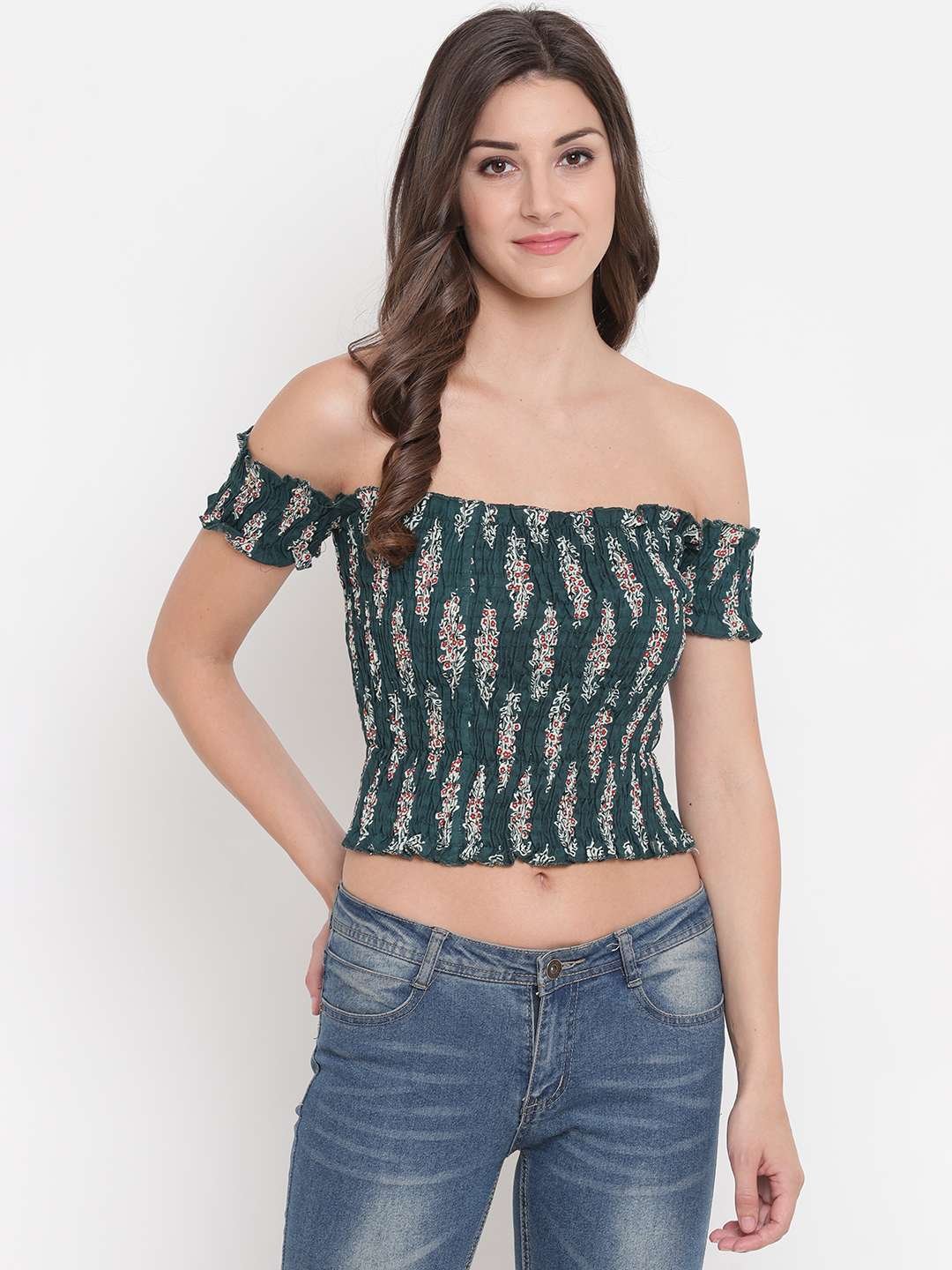 Women's Rayon Printed Off-Shoulder Smocked Crop Top Short Sleeve Casual Styles Tank Top (FREE SIZE) Multi37 - Image 4